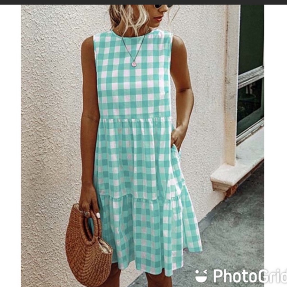 New Zulily gingham picnic dress size small mint green pockets beach